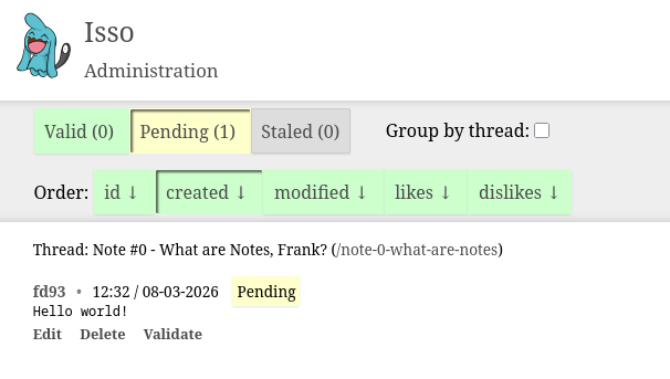 Picture of Isso admin panel with comment